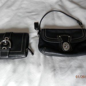 Coach Brand Set Women's Wallet & Wristlet Black Silver Leather Buckle Zipper